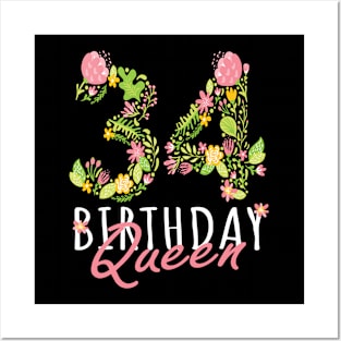 34th Birthday Queen 34 Years Old Woman Floral B-day Theme graphic Posters and Art